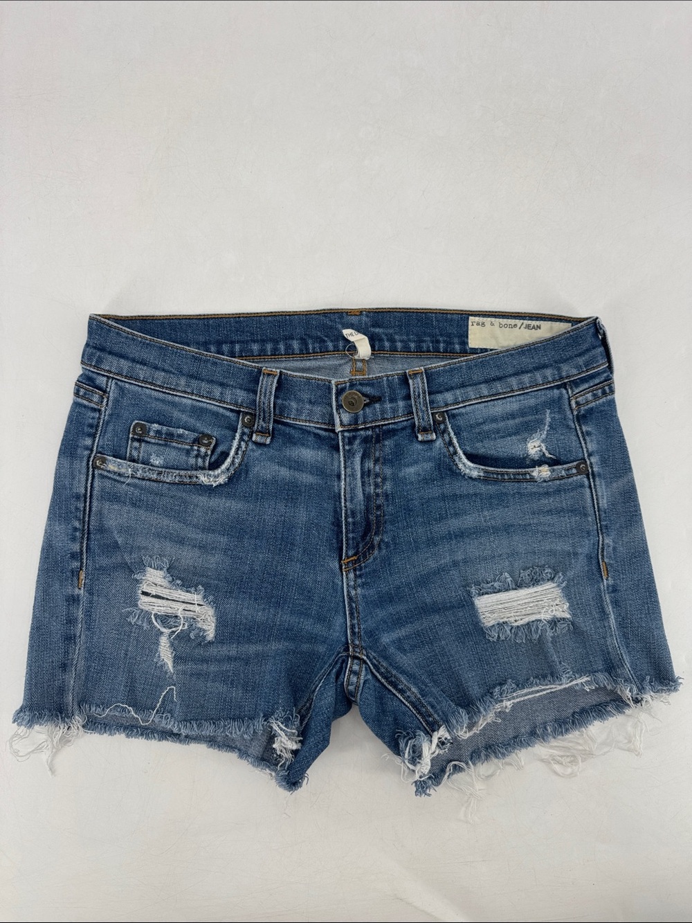 Rag & Bone The Dre Low Rise Shortie Raw Hem Distressed Denim Shorts Size 26